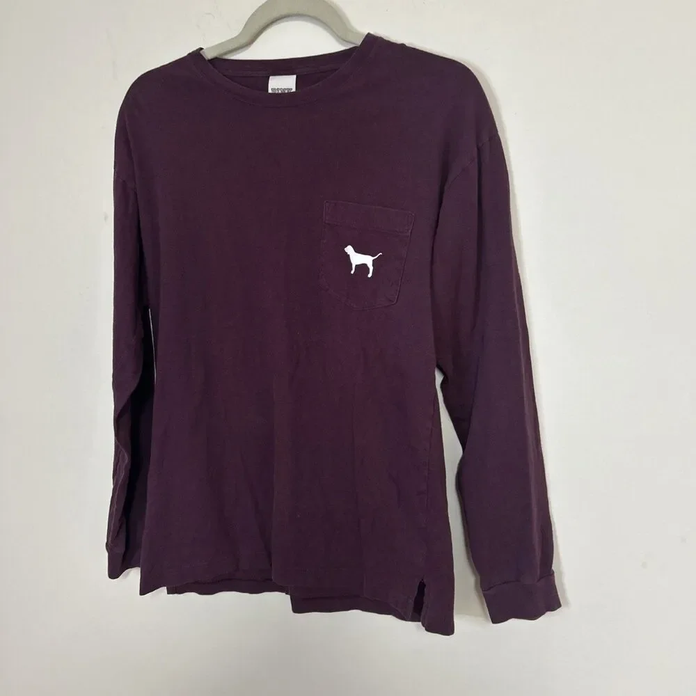 Victoria’s Secret PINK XS Purple Long Sleeve Pocket Tee Logo Back 100% Cotton